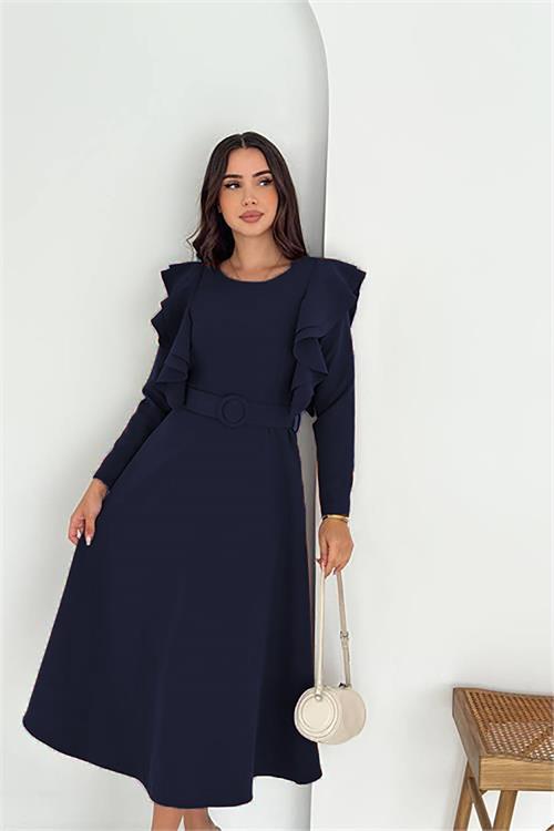 Dipmoda kadın kol fırfırlı kemerli midi boy elbise DPK4309