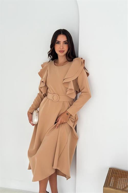 Dipmoda kadın kol fırfırlı kemerli midi boy elbise DPK4309