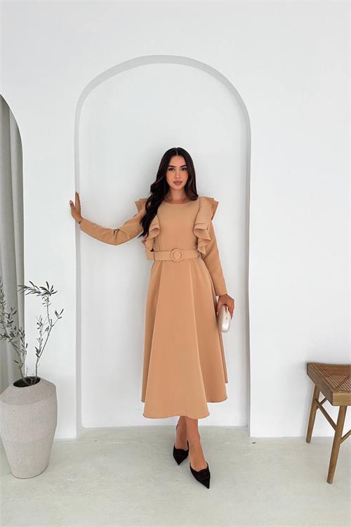 Dipmoda kadın kol fırfırlı kemerli midi boy elbise DPK4309