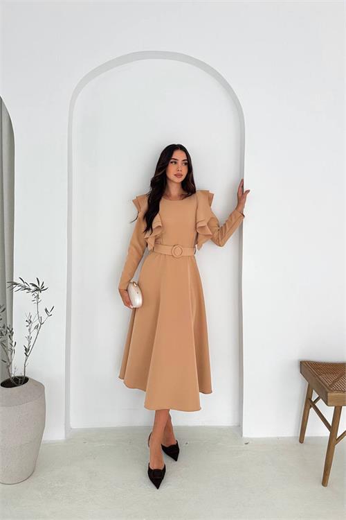 Dipmoda kadın kol fırfırlı kemerli midi boy elbise DPK4309