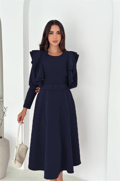 Dipmoda kadın kol fırfırlı kemerli midi boy elbise DPK4309