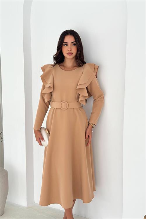 Dipmoda kadın kol fırfırlı kemerli midi boy elbise DPK4309