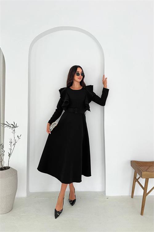 Dipmoda kadın kol fırfırlı kemerli midi boy elbise DPK4309