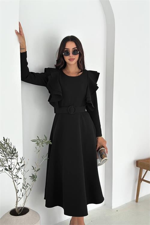 Dipmoda kadın kol fırfırlı kemerli midi boy elbise DPK4309