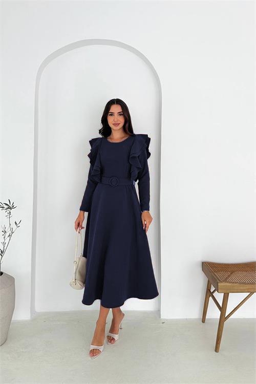 Dipmoda kadın kol fırfırlı kemerli midi boy elbise DPK4309