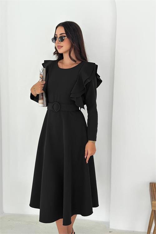 Dipmoda kadın kol fırfırlı kemerli midi boy elbise DPK4309