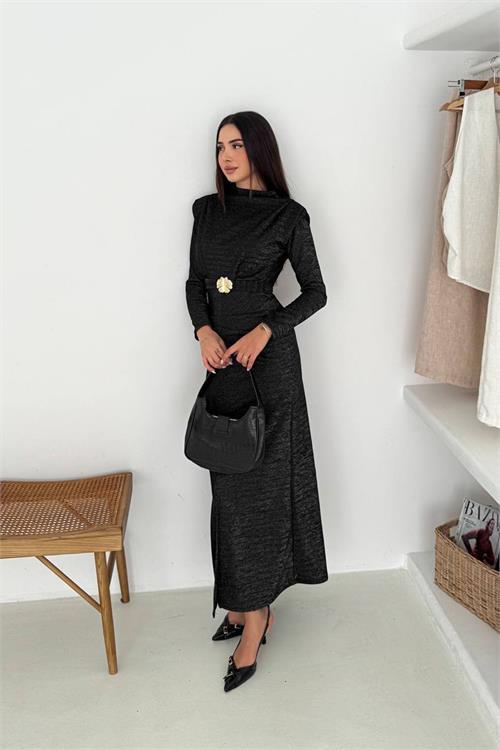 Dipmoda kadın kol vatkalı toka detaylı drapeli maxi elbise DPK4358