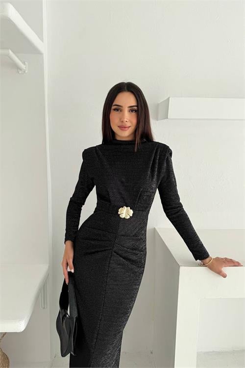 Dipmoda kadın kol vatkalı toka detaylı drapeli maxi elbise DPK4358