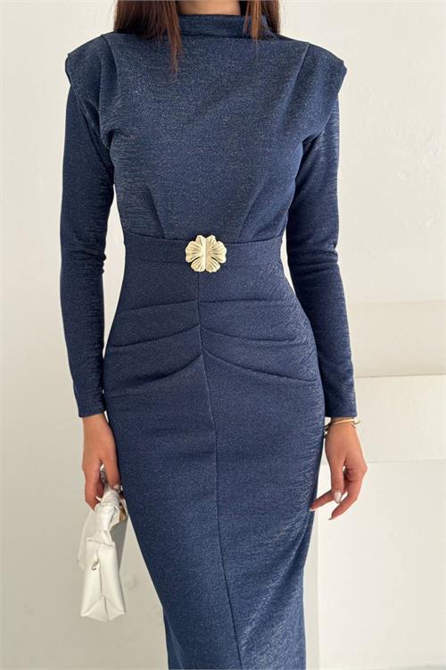 Dipmoda kadın kol vatkalı toka detaylı drapeli maxi elbise DPK4358