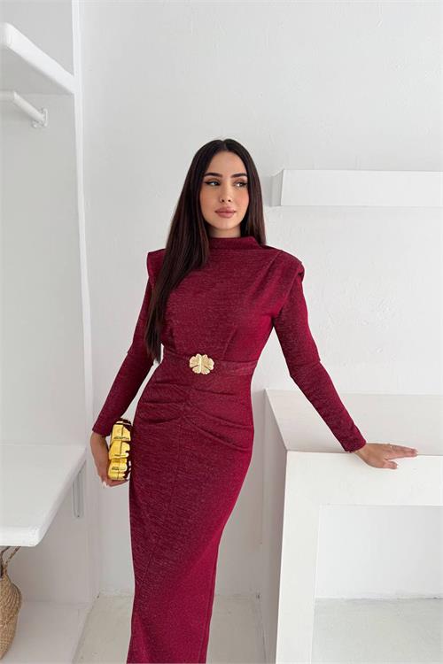 Dipmoda kadın kol vatkalı toka detaylı drapeli maxi elbise DPK4358