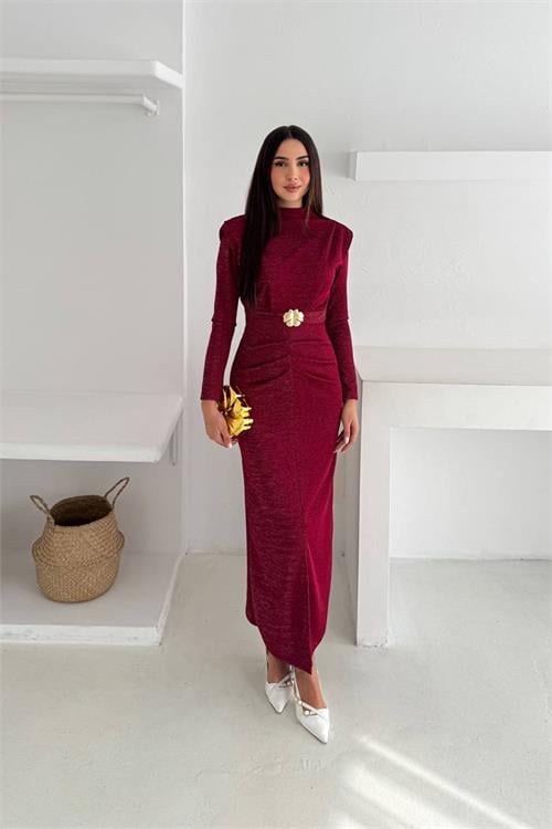 Dipmoda kadın kol vatkalı toka detaylı drapeli maxi elbise DPK4358