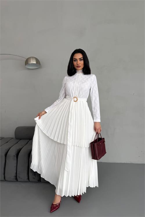 Dipmoda kadın krep kumaş dantel detaylı kemerli uzun elbise DPMS2525