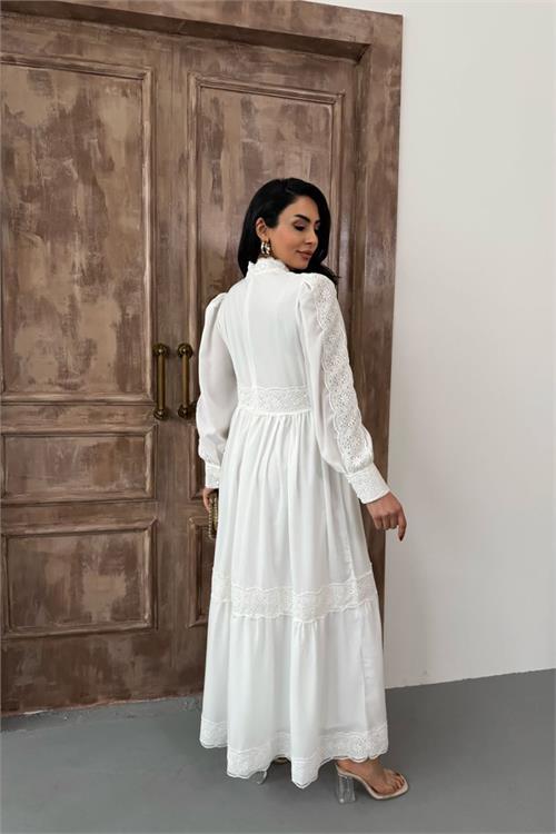 Dipmoda kadın krep kumaş dantel detaylı astarlı elbise DPMS2533