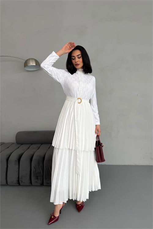 Dipmoda kadın krep kumaş dantel detaylı kemerli uzun elbise DPMS2525