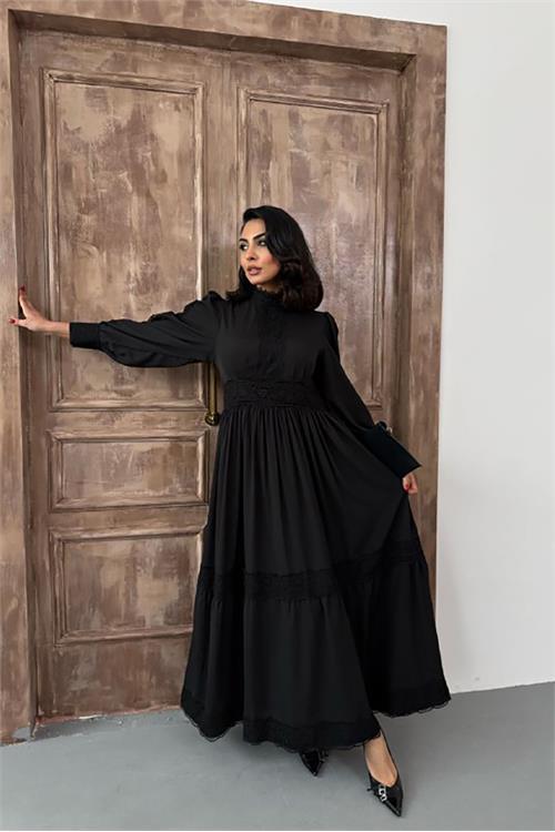 Dipmoda kadın krep kumaş dantel detaylı astarlı elbise DPMS2533