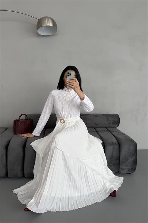 Dipmoda kadın krep kumaş dantel detaylı kemerli uzun elbise DPMS2525