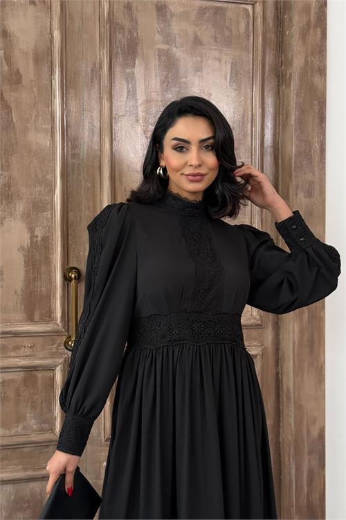 Dipmoda kadın krep kumaş dantel detaylı astarlı elbise DPMS2533