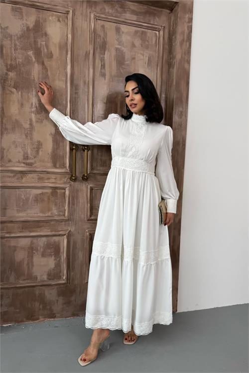 Dipmoda kadın krep kumaş dantel detaylı astarlı elbise DPMS2533