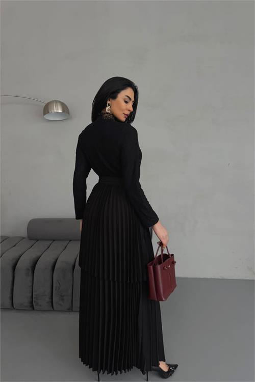 Dipmoda kadın krep kumaş dantel detaylı kemerli uzun elbise DPMS2525