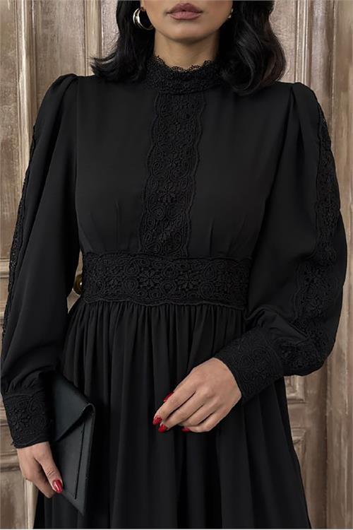 Dipmoda kadın krep kumaş dantel detaylı astarlı elbise DPMS2533