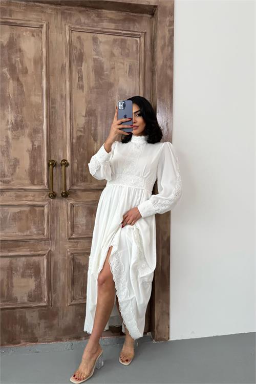 Dipmoda kadın krep kumaş dantel detaylı astarlı elbise DPMS2533