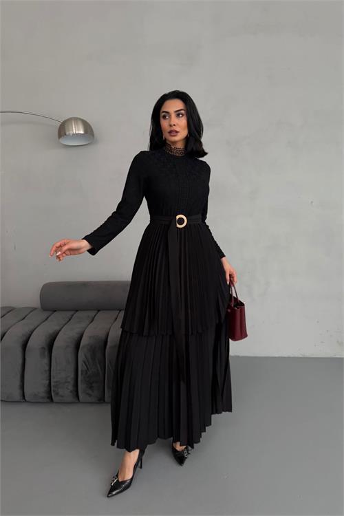 Dipmoda kadın krep kumaş dantel detaylı kemerli uzun elbise DPMS2525