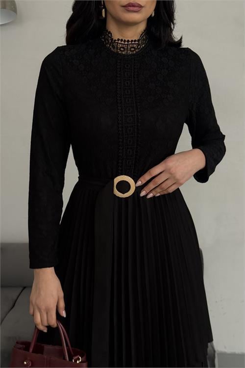 Dipmoda kadın krep kumaş dantel detaylı kemerli uzun elbise DPMS2525