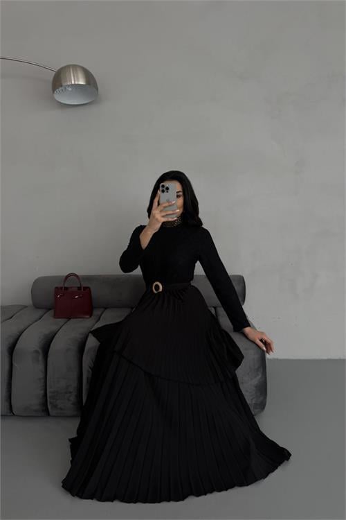 Dipmoda kadın krep kumaş dantel detaylı kemerli uzun elbise DPMS2525