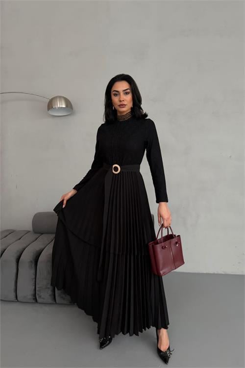 Dipmoda kadın krep kumaş dantel detaylı kemerli uzun elbise DPMS2525