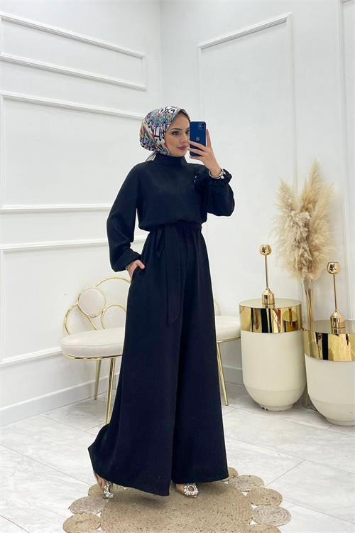 Dipmoda kadın krep kuşaklı gül detaylı salaş tulum NMS003 