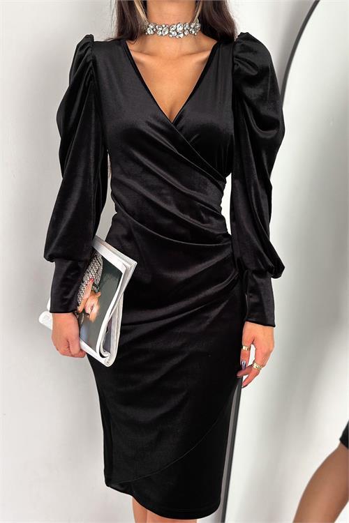 Dipmoda kadın kruvaze yaka büzgülü kadife elbise KKLF68 - Siyah 
