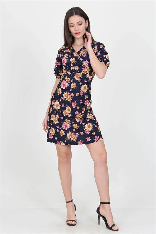 Dipmoda kadın kruvaze yaka çiçek desenli örme krep mini elbise NB100221 