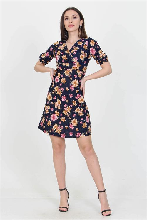 Dipmoda kadın kruvaze yaka çiçek desenli örme krep mini elbise NB100221 