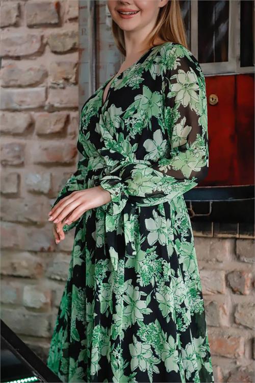 Dipmoda kadın kruvaze yaka çiçek desenli midi elbise RSSN29 