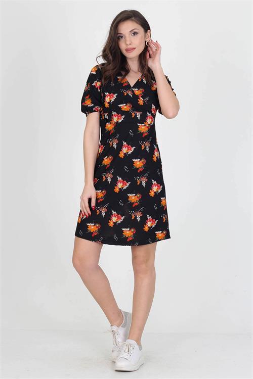 Dipmoda kadın kruvaze yaka çiçek desenli örme krep mini elbise NB10022 