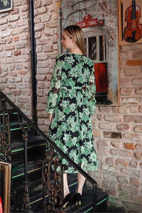 Dipmoda kadın kruvaze yaka çiçek desenli midi elbise RSSN29 