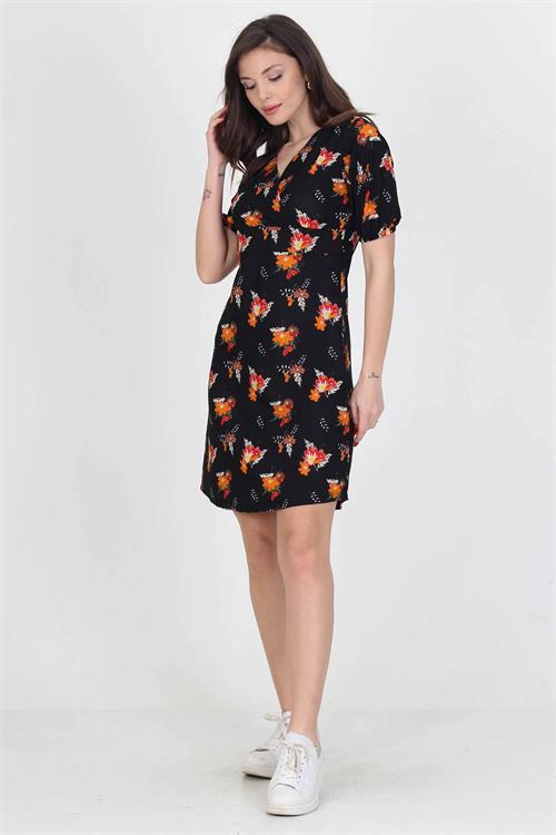 Dipmoda kadın kruvaze yaka çiçek desenli örme krep mini elbise NB10022 