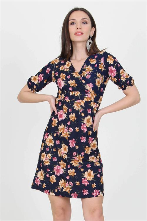 Dipmoda kadın kruvaze yaka çiçek desenli örme krep mini elbise NB100221 