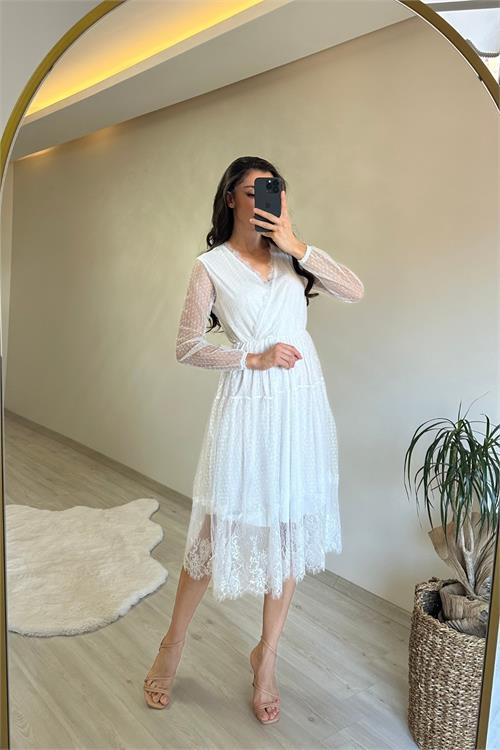 Dipmoda kadın kruvaze yaka dantelli tül elbise NM010