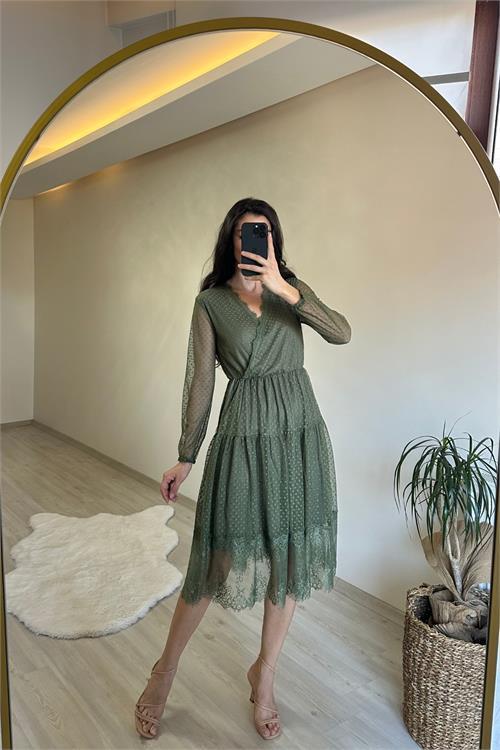 Dipmoda kadın kruvaze yaka dantelli tül elbise NM010