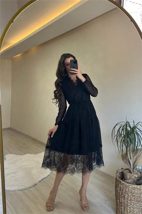 Dipmoda kadın kruvaze yaka dantelli tül elbise NM010