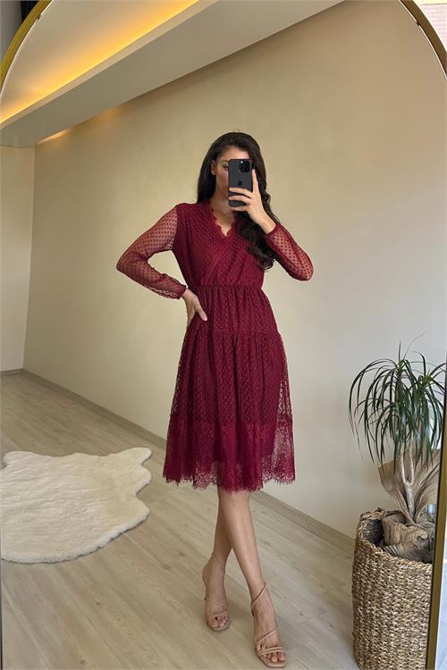 Dipmoda kadın kruvaze yaka dantelli tül elbise NM010