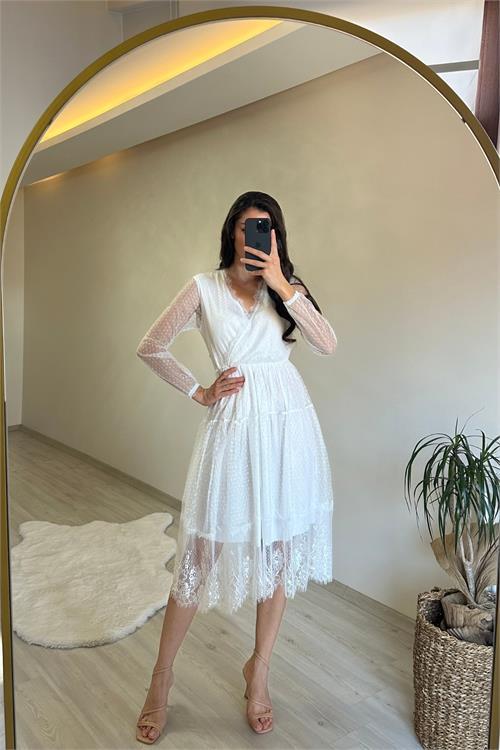 Dipmoda kadın kruvaze yaka dantelli tül elbise NM010