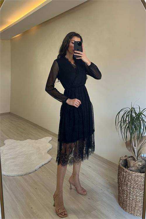 Dipmoda kadın kruvaze yaka dantelli tül elbise NM010