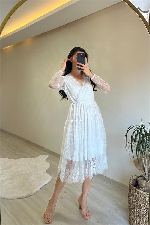 Dipmoda kadın kruvaze yaka dantelli tül elbise NM010