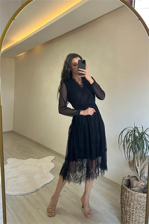 Dipmoda kadın kruvaze yaka dantelli tül elbise NM010
