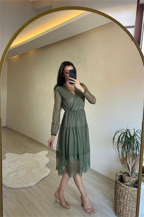 Dipmoda kadın kruvaze yaka dantelli tül elbise NM010