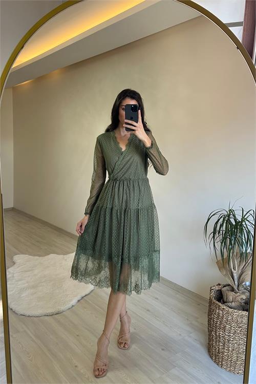 Dipmoda kadın kruvaze yaka dantelli tül elbise NM010