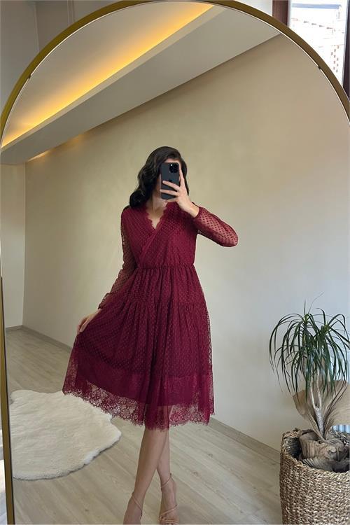 Dipmoda kadın kruvaze yaka dantelli tül elbise NM010