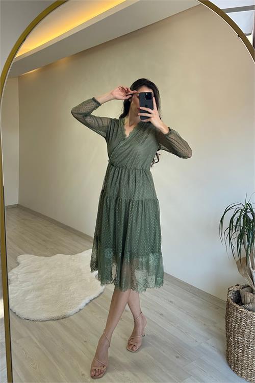 Dipmoda kadın kruvaze yaka dantelli tül elbise NM010